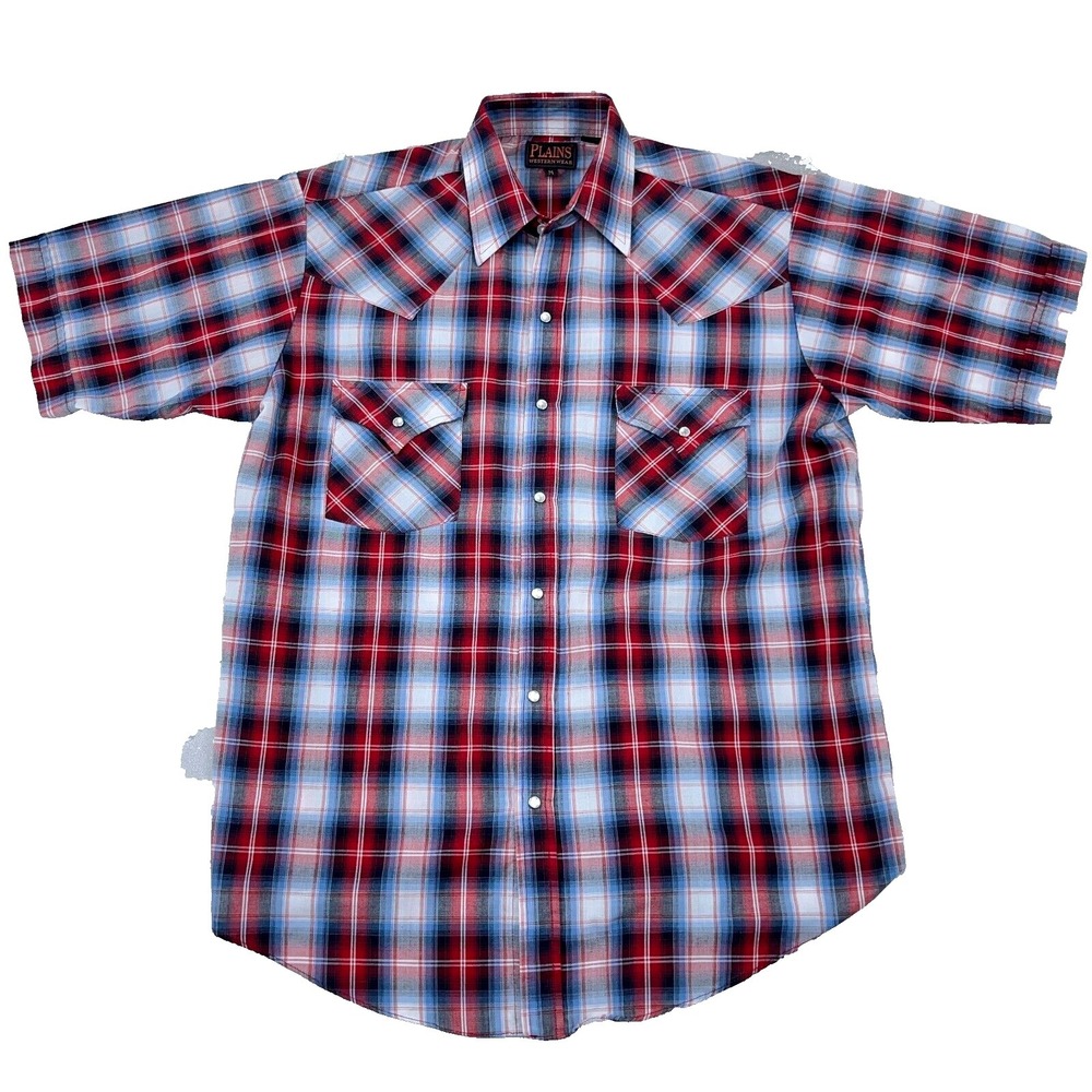 Plains Western Wear Shirt Men Medium Red Plaid Pearl Snap Button Cowboy Ranch